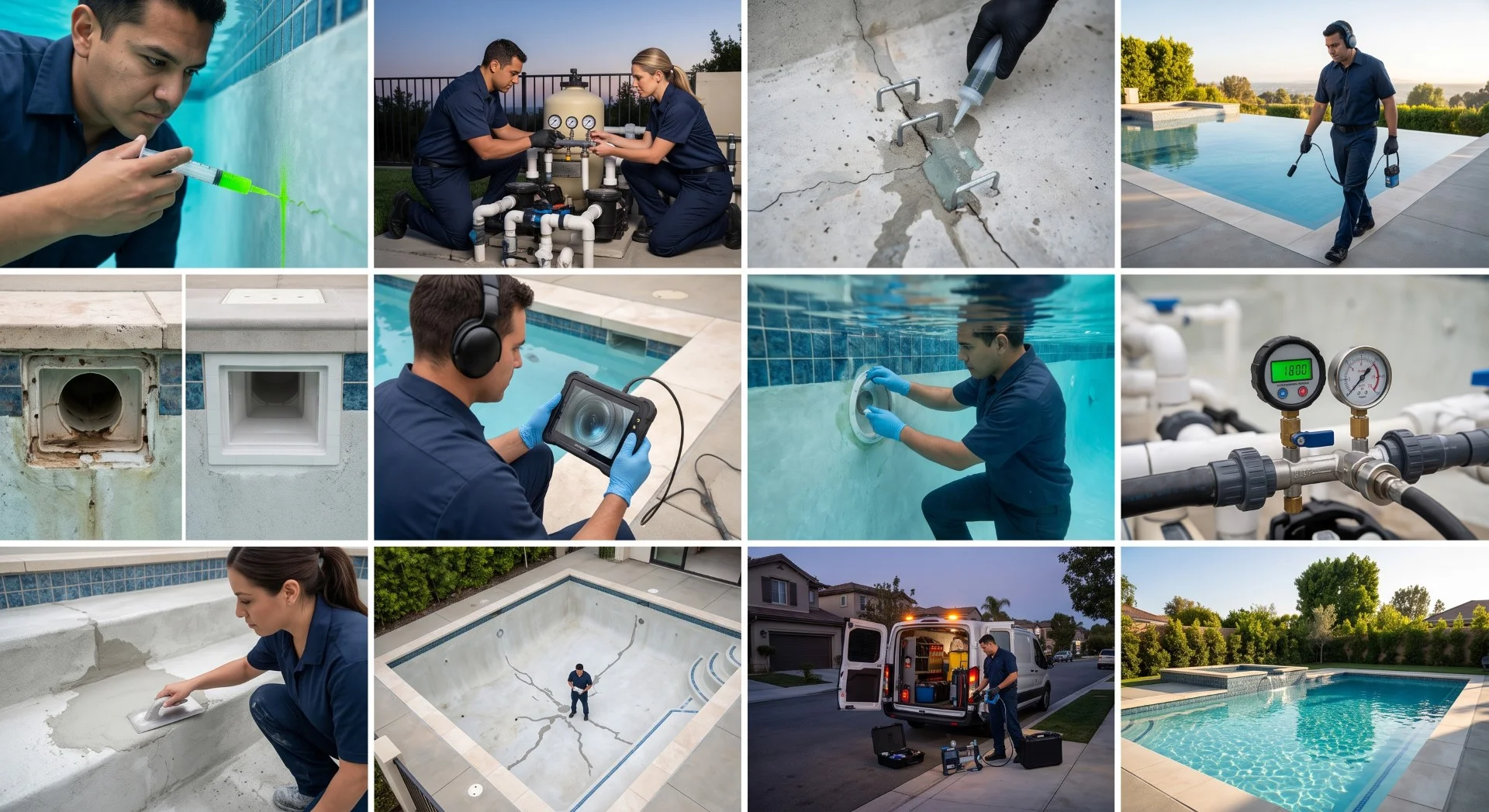 Collage showing technicians performing swimming pool leak detection, equipment inspection, and crack repair