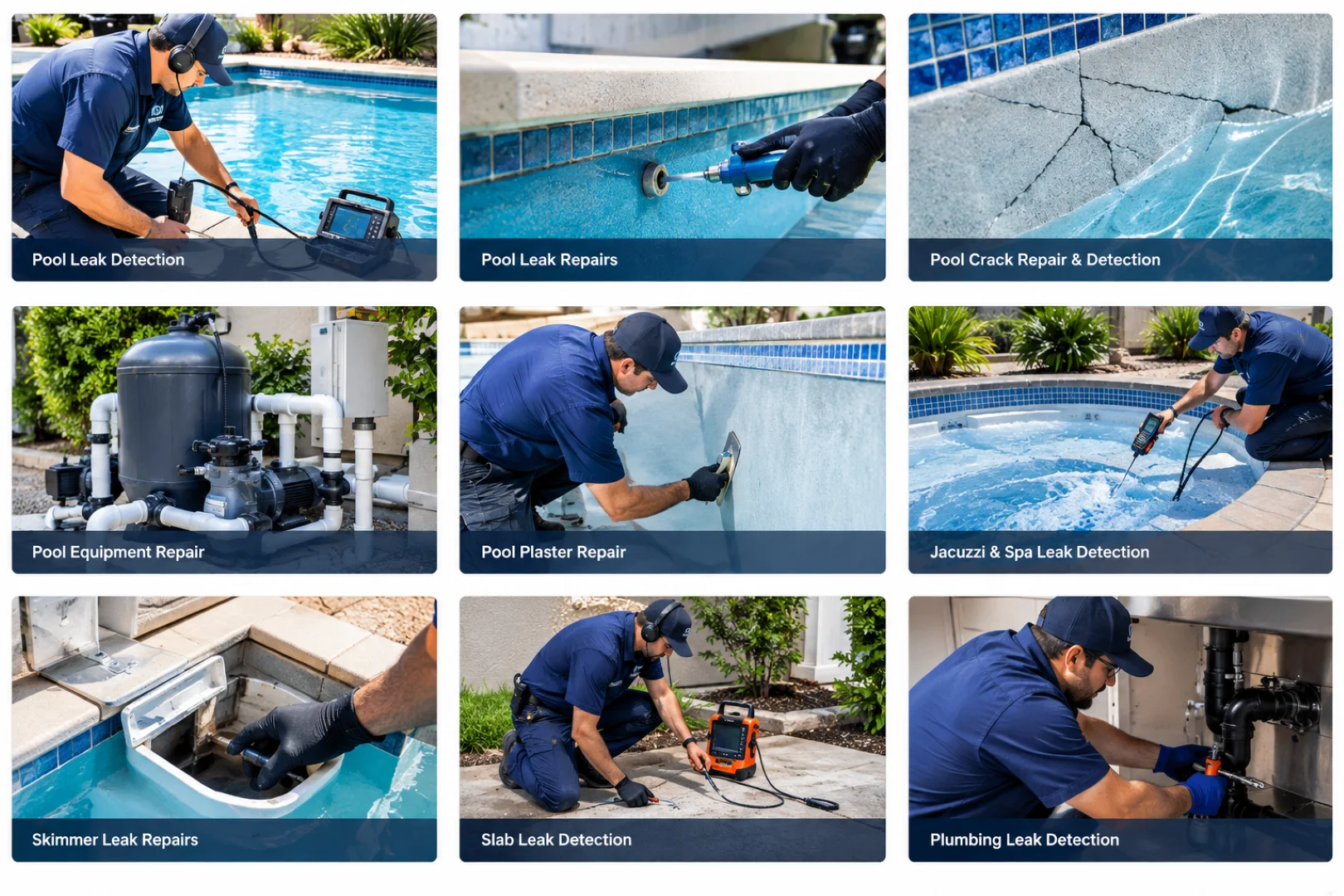 Grid of pool and plumbing leak detection, plaster repair, equipment repair, skimmer, spa, and slab leak repair services
