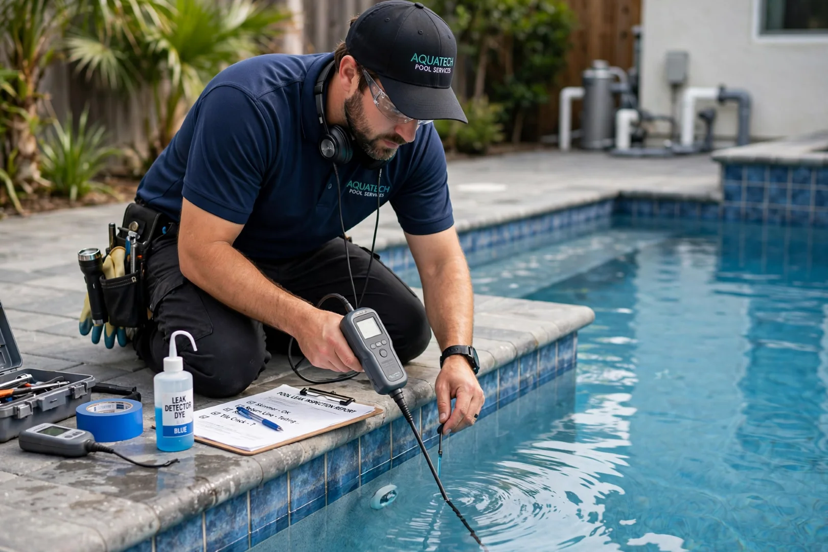 A pool technician kneeling by the edge of a swimming pool using electronic equipment to inspect for water leaks