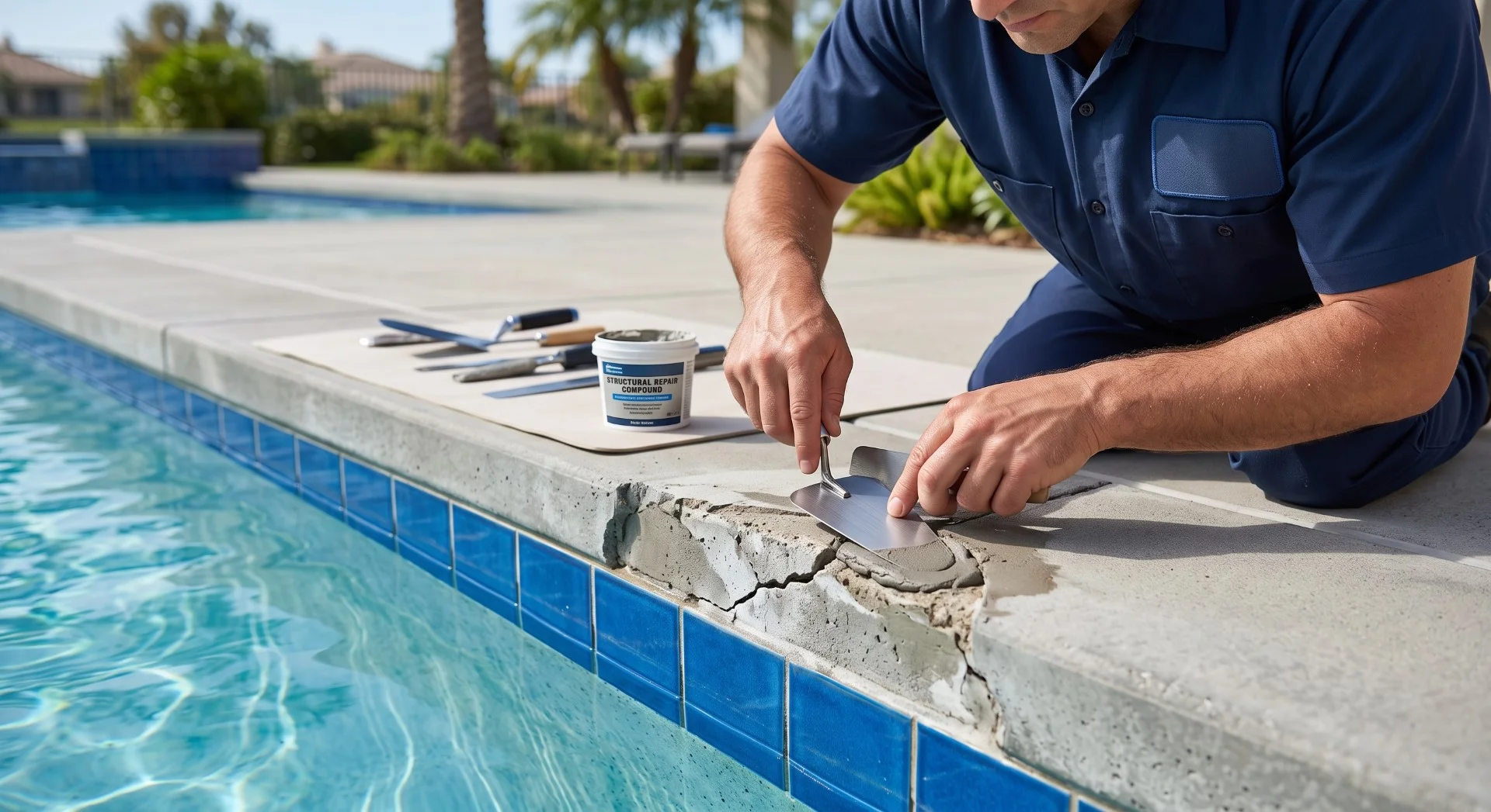 Technician repairing a crack along a pool tile and coping edge with patching compound