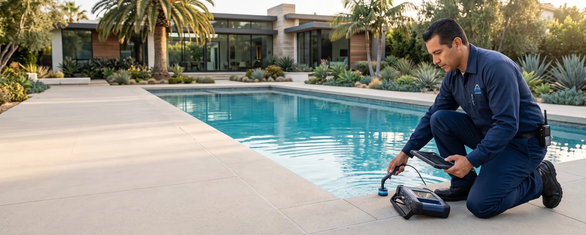 Technician kneeling by a residential swimming pool using leak detection equipment