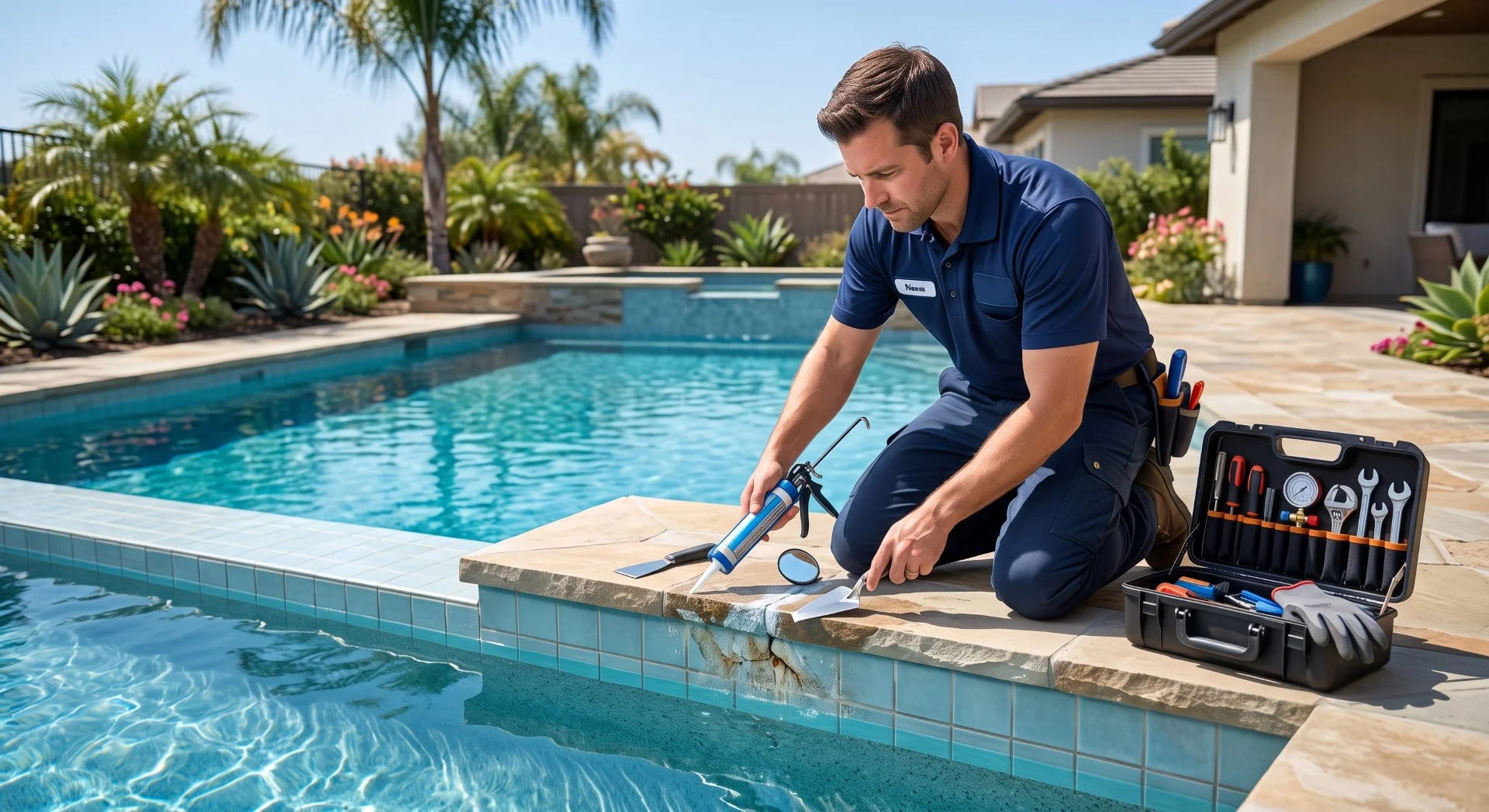 Technician testing pool equipment with a handheld meter next to an open tool case on the pool deck