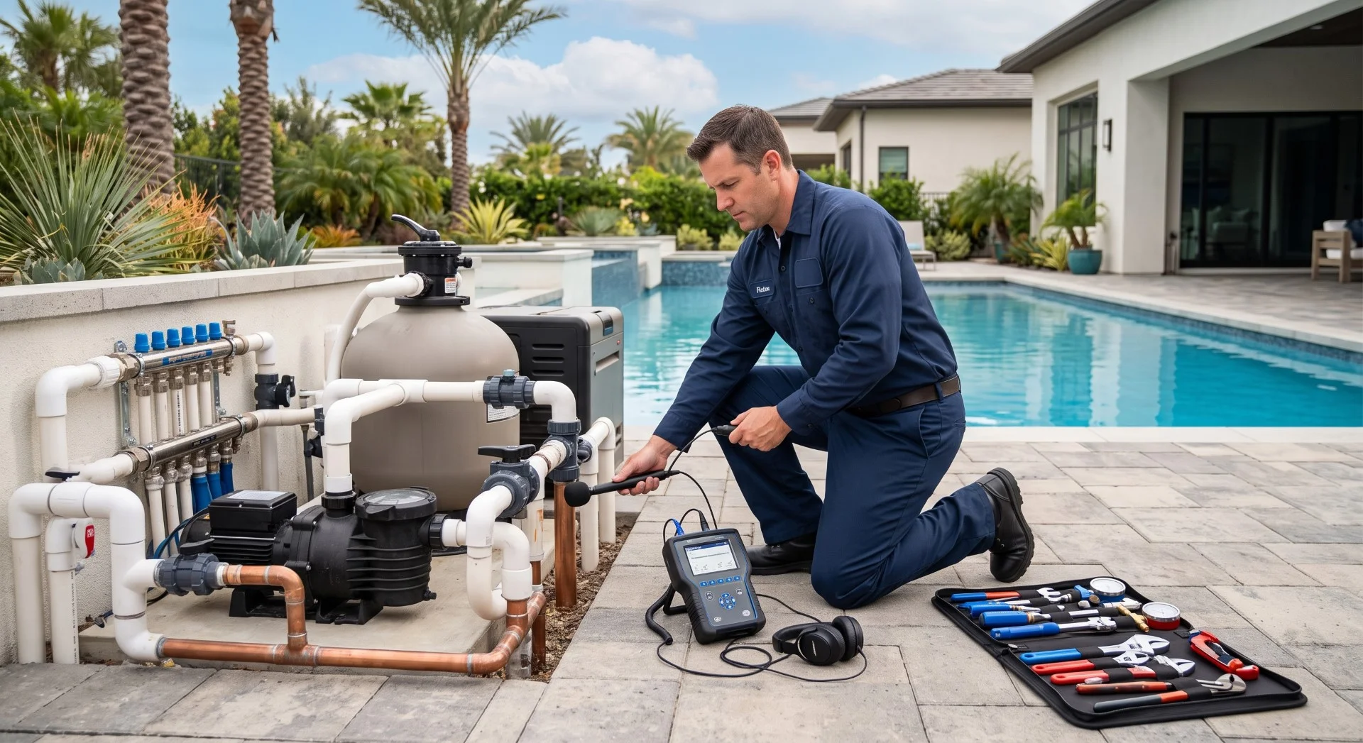 Pool technician using acoustic diagnostic equipment to inspect pool pump and plumbing system